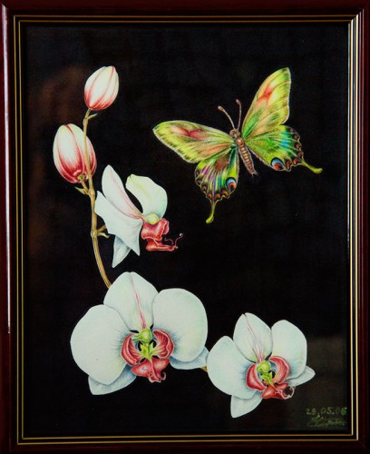 рисунок с орхидеями и бабочкой